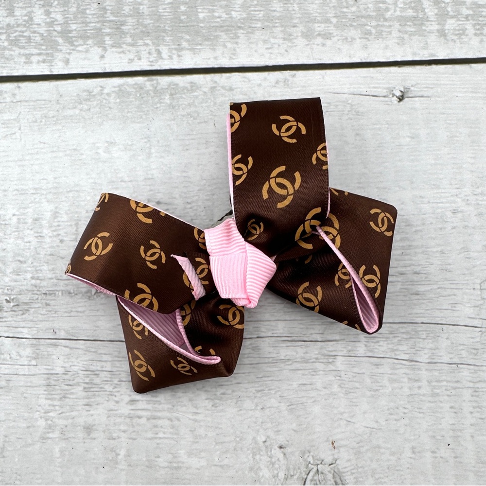 Upcycled Louis Vuitton fabric hair clip. Pink and brown.
